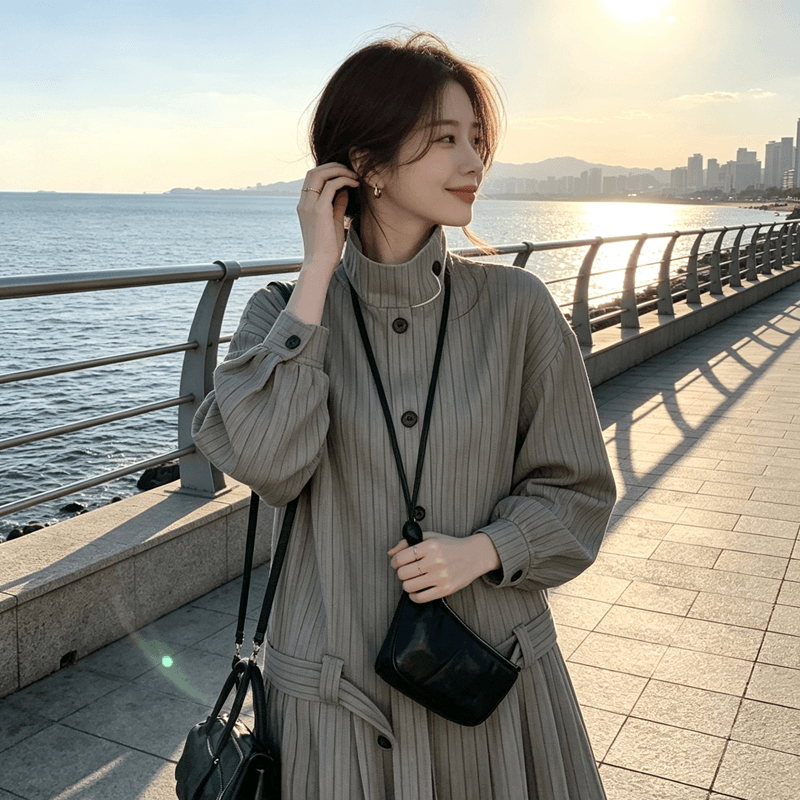 슈퍼 화재 학원 스타일 자이언트 잘 생긴 스트라이프 바람 드레스 여성 봄 가을 새로운 허리 수축 슬림해 보이는 작은 키 품격 드레스 상세 이미지 5