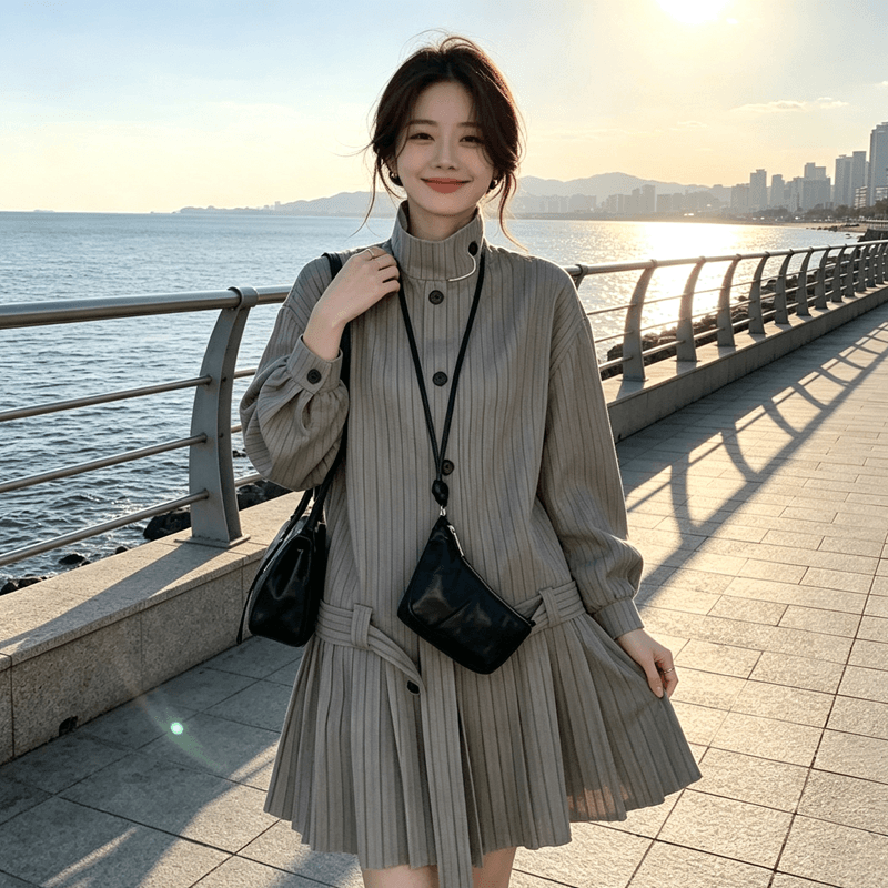 슈퍼 화재 학원 스타일 자이언트 잘 생긴 스트라이프 바람 드레스 여성 봄 가을 새로운 허리 수축 슬림해 보이는 작은 키 품격 드레스 상세 이미지 9