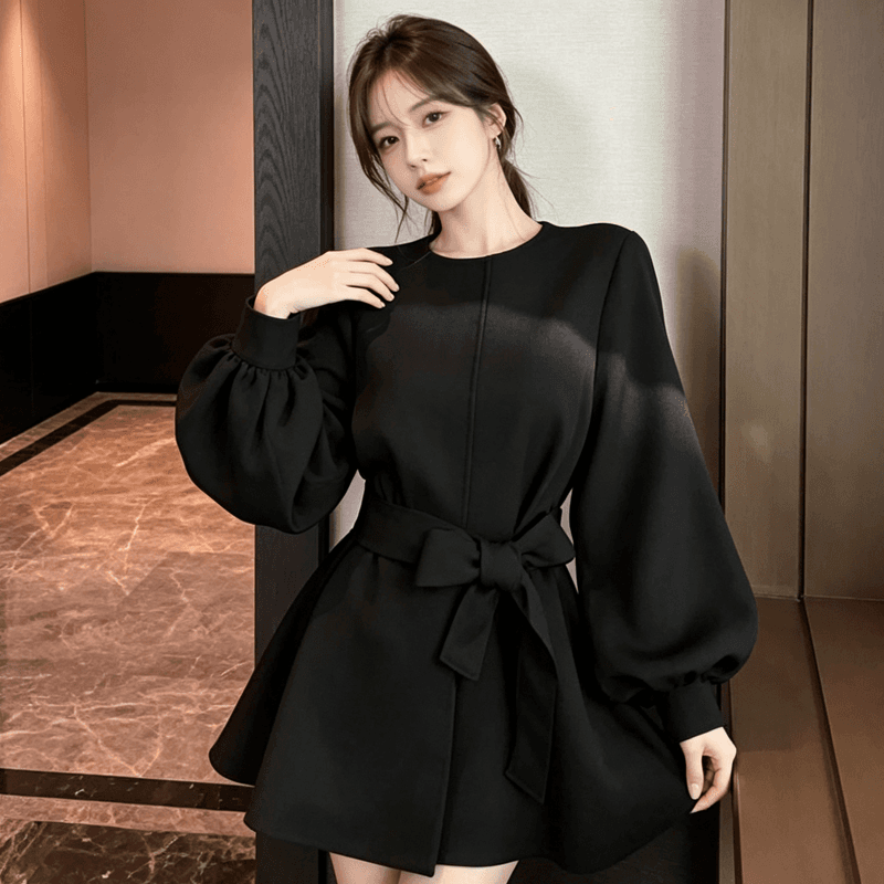 고급 센스 검정색 여성 코트 겨울 새로운 벌룬 소매 레이스업 루즈핏 슬림해 보이는 작은 대중 중간 길이 품격 맨위 이미지 3