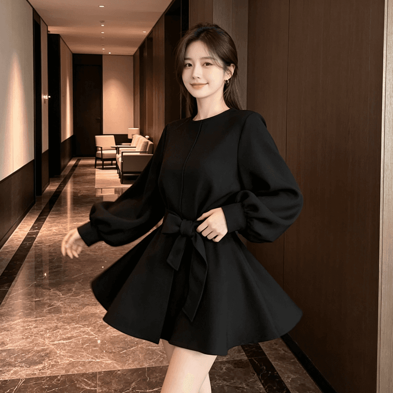 고급 센스 검정색 여성 코트 겨울 새로운 벌룬 소매 레이스업 루즈핏 슬림해 보이는 작은 대중 중간 길이 품격 맨위 이미지 4