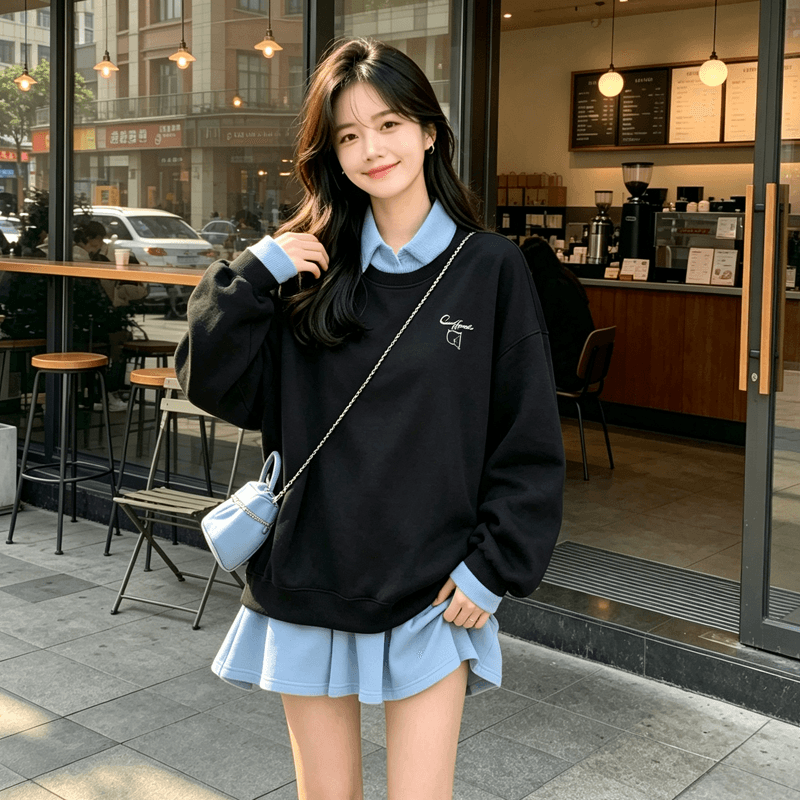 가을 새로운 시간 여전히 화가났다. 캐주얼 품질 루즈핏 미니 스커트 2026 디자인 센스 작은 대중 페이크 레이어드 후드티 패치워크 치마 여성