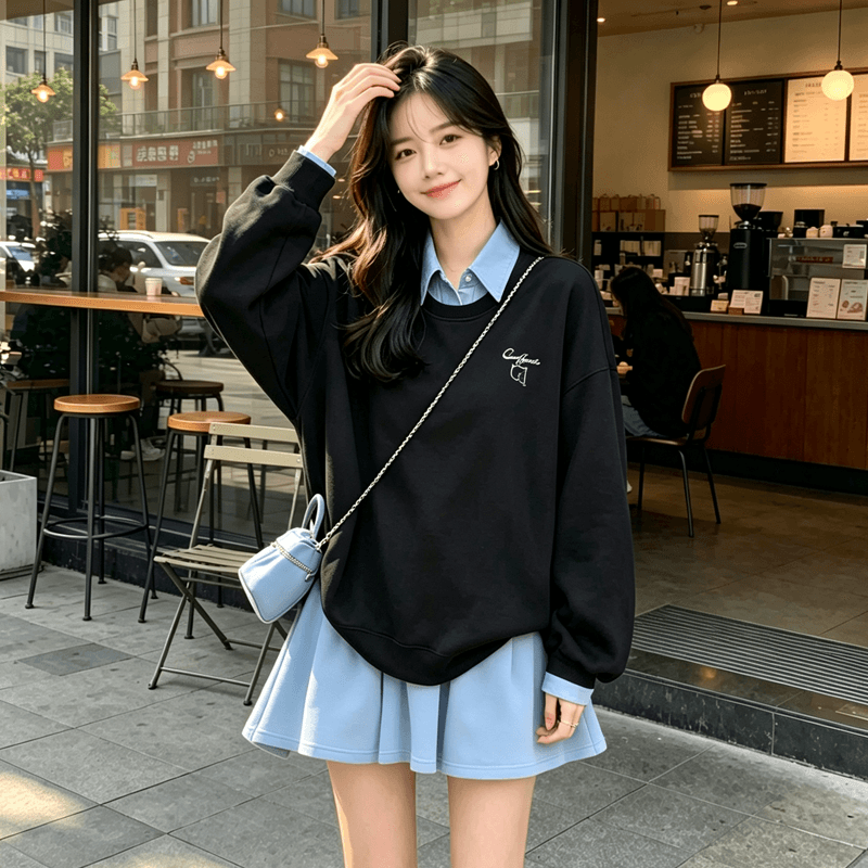 가을 새로운 시간 여전히 화가났다. 캐주얼 품질 루즈핏 미니 스커트 2026 디자인 센스 작은 대중 페이크 레이어드 후드티 패치워크 치마 여성 상세 이미지 1