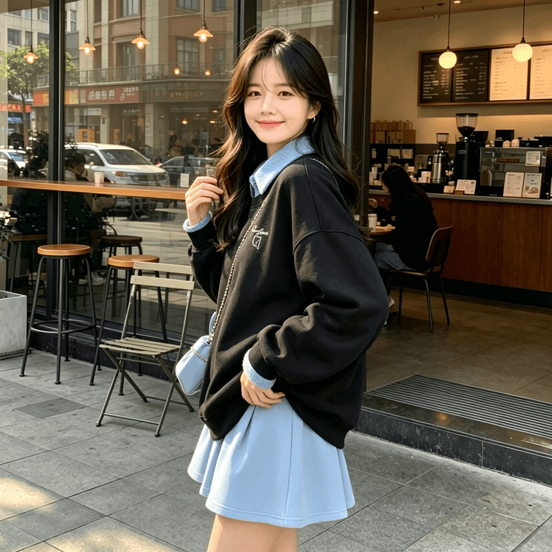 가을 새로운 시간 여전히 화가났다. 캐주얼 품질 루즈핏 미니 스커트 2026 디자인 센스 작은 대중 페이크 레이어드 후드티 패치워크 치마 여성 상세 이미지 2