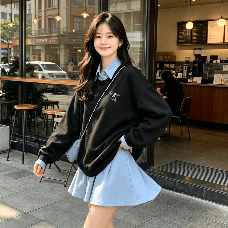 가을 새로운 시간 여전히 화가났다. 캐주얼 품질 루즈핏 미니 스커트 2026 디자인 센스 작은 대중 페이크 레이어드 후드티 패치워크 치마 여성 상세 이미지 6
