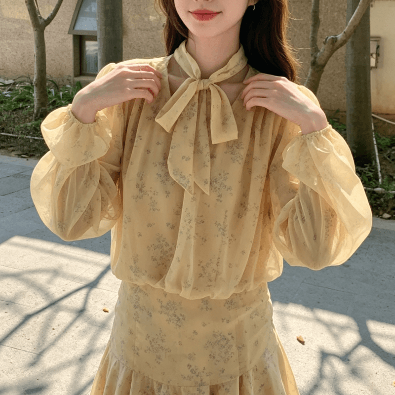 슈퍼 화재 프랑스식 낭만주의 바람 꽃무늬 여성 드레스 가을 새로운 디자인 센스 나비 매듭 품격 치마 밝은 노란색 색상 트렌디 이미지 2
