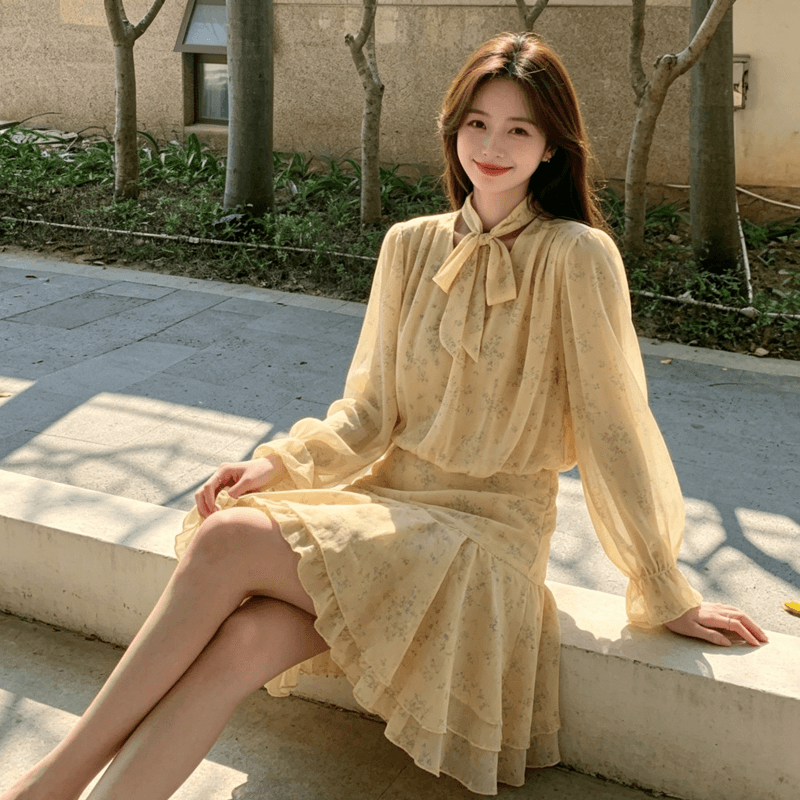 슈퍼 화재 프랑스식 낭만주의 바람 꽃무늬 여성 드레스 가을 새로운 디자인 센스 나비 매듭 품격 치마 밝은 노란색 색상 트렌디 이미지 4