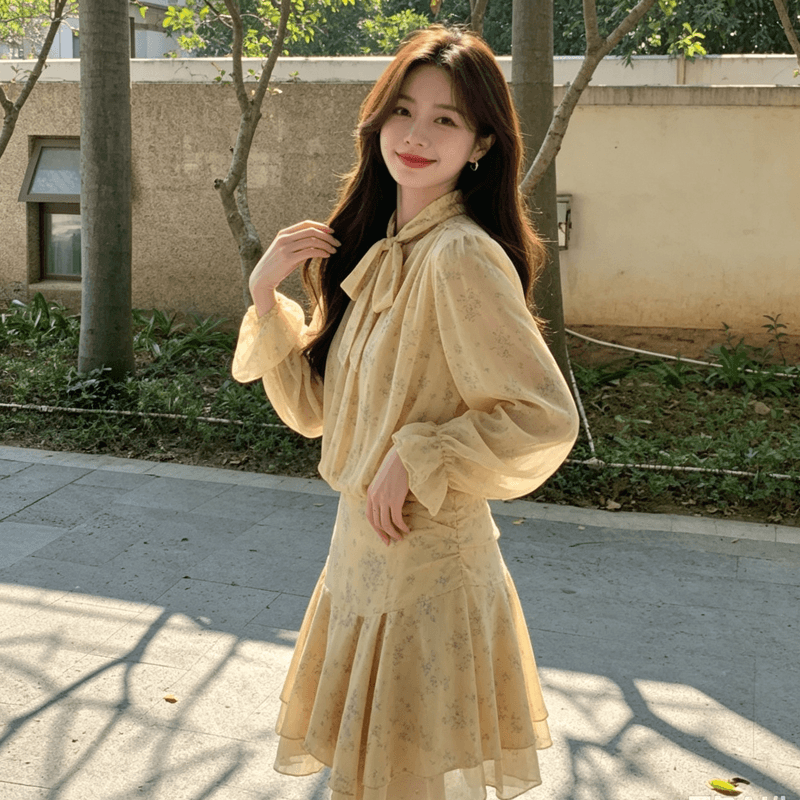 슈퍼 화재 프랑스식 낭만주의 바람 꽃무늬 여성 드레스 가을 새로운 디자인 센스 나비 매듭 품격 치마 밝은 노란색 색상 트렌디 상세 이미지 1