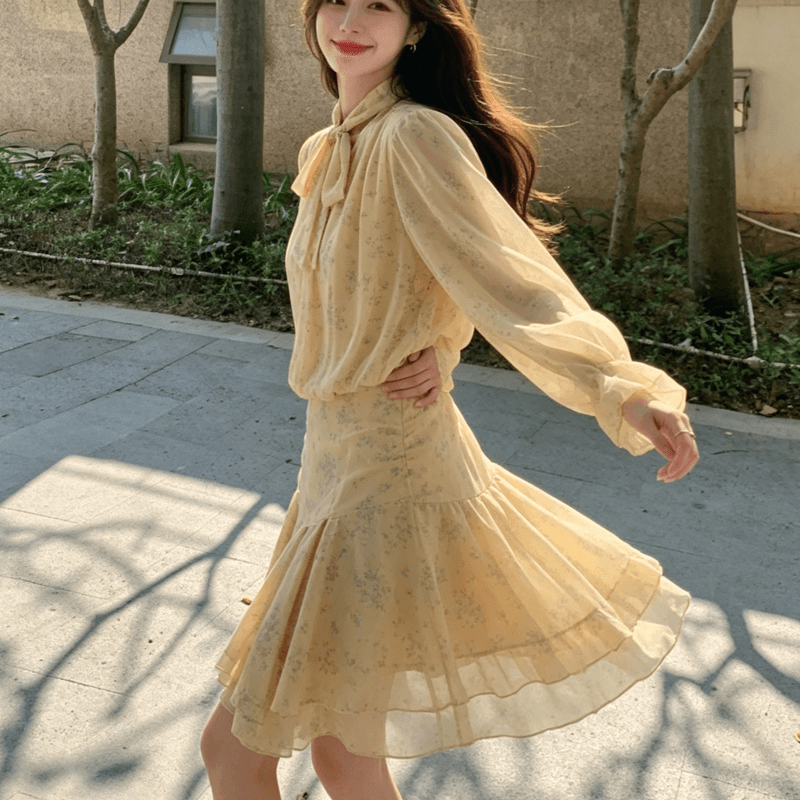 슈퍼 화재 프랑스식 낭만주의 바람 꽃무늬 여성 드레스 가을 새로운 디자인 센스 나비 매듭 품격 치마 밝은 노란색 색상 트렌디 상세 이미지 6