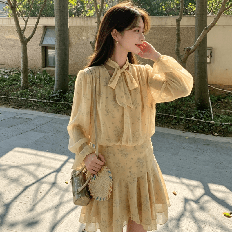 슈퍼 화재 프랑스식 낭만주의 바람 꽃무늬 여성 드레스 가을 새로운 디자인 센스 나비 매듭 품격 치마 밝은 노란색 색상 트렌디 상세 이미지 7