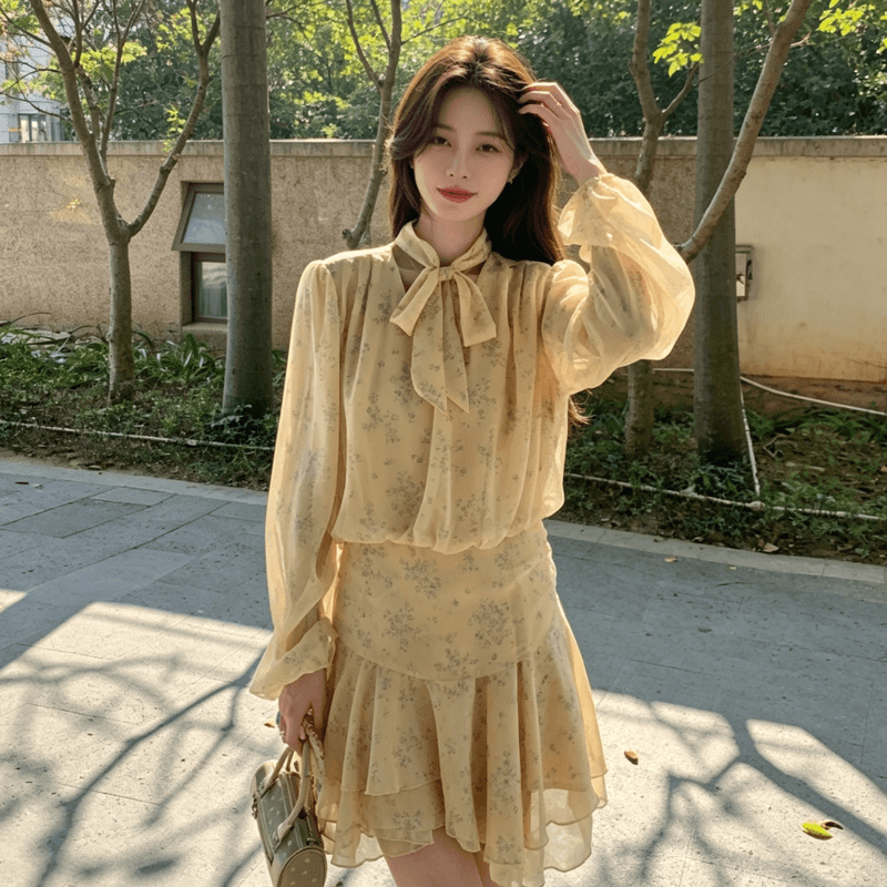 슈퍼 화재 프랑스식 낭만주의 바람 꽃무늬 여성 드레스 가을 새로운 디자인 센스 나비 매듭 품격 치마 밝은 노란색 색상 트렌디 상세 이미지 9