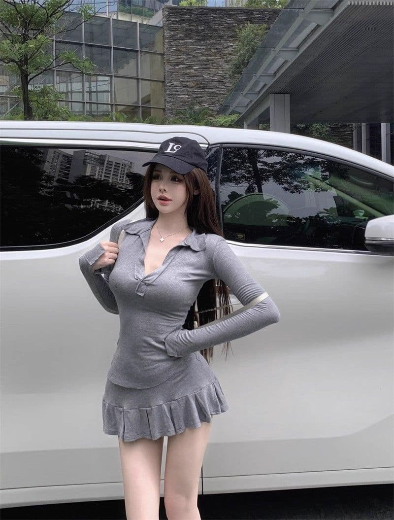 핫걸 순수한 욕망 깊은 V 넥 긴팔 티셔츠 여성 POLO 칼라 허리 수축 슬림해 보이는 맨위 하이웨이스트 플리츠 치마바지 투피스 세트 가을 상세 이미지 10
