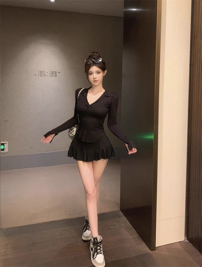 핫걸 순수한 욕망 깊은 V 넥 긴팔 티셔츠 여성 POLO 칼라 허리 수축 슬림해 보이는 맨위 하이웨이스트 플리츠 치마바지 투피스 세트 가을 상세 이미지 18