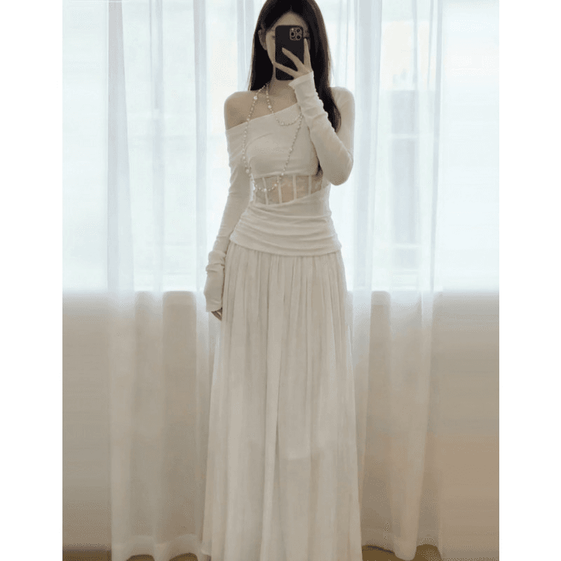 프랑스식 순수한 욕망 비스듬한 어깨 홀로우 아웃 드레스 아이들 2026 새로운 가을 겨울 디자인 센스 허리 수축 슬림해 보이는 타이트 스커트 롱 스커트 이미지 2