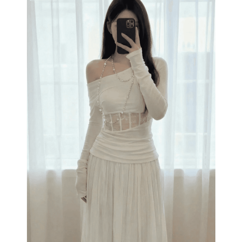 프랑스식 순수한 욕망 비스듬한 어깨 홀로우 아웃 드레스 아이들 2026 새로운 가을 겨울 디자인 센스 허리 수축 슬림해 보이는 타이트 스커트 롱 스커트 이미지 4