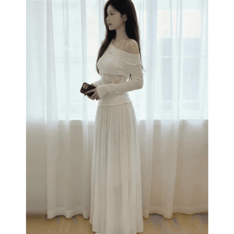프랑스식 순수한 욕망 비스듬한 어깨 홀로우 아웃 드레스 아이들 2026 새로운 가을 겨울 디자인 센스 허리 수축 슬림해 보이는 타이트 스커트 롱 스커트 상세 이미지 6