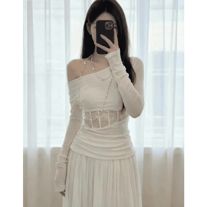 프랑스식 순수한 욕망 비스듬한 어깨 홀로우 아웃 드레스 아이들 2026 새로운 가을 겨울 디자인 센스 허리 수축 슬림해 보이는 타이트 스커트 롱 스커트 상세 이미지 9