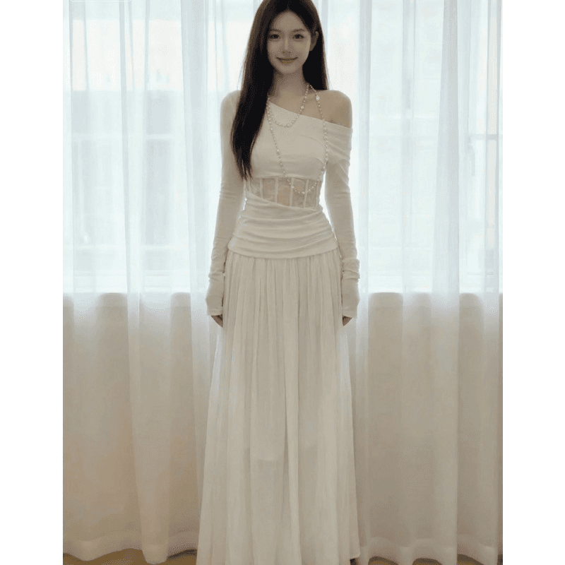 프랑스식 순수한 욕망 비스듬한 어깨 홀로우 아웃 드레스 아이들 2026 새로운 가을 겨울 디자인 센스 허리 수축 슬림해 보이는 타이트 스커트 롱 스커트 상세 이미지 13