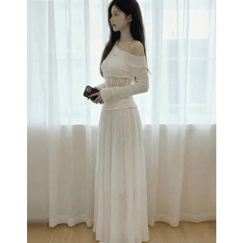 프랑스식 순수한 욕망 비스듬한 어깨 홀로우 아웃 드레스 아이들 2026 새로운 가을 겨울 디자인 센스 허리 수축 슬림해 보이는 타이트 스커트 롱 스커트 상세 이미지 14