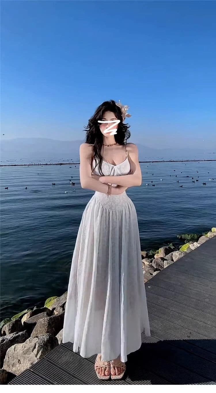 슈퍼 화재 프랑스식 품격 화이트 꽃무늬 슬립 드레스 아이들 가을 새로운 해변가 휴가 바람 롱 스커트 세트 상세 이미지 3
