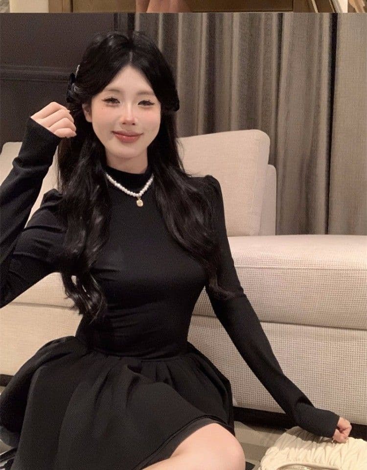 부유 한 가족 천 골드 고급 센스 작은 검은 드레스 프랑스식 품격 공주 퍼프 스커트 반하이넥 니트 드레스 가을 겨울철 상세 이미지 5