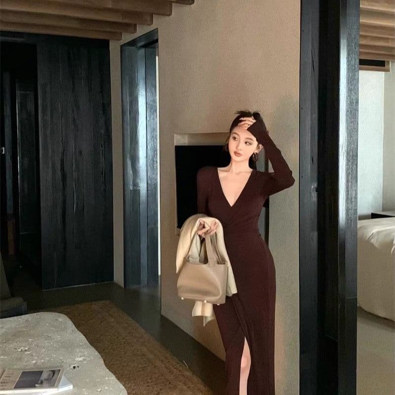프랑스식 순수한 욕망 V넥 비틀림 긴팔 여성 드레스 몸매 가꾸기 트임 롱 스커트 품격 허리 수축 슬림해 보이는 타이트 스커트 치마 이미지 3