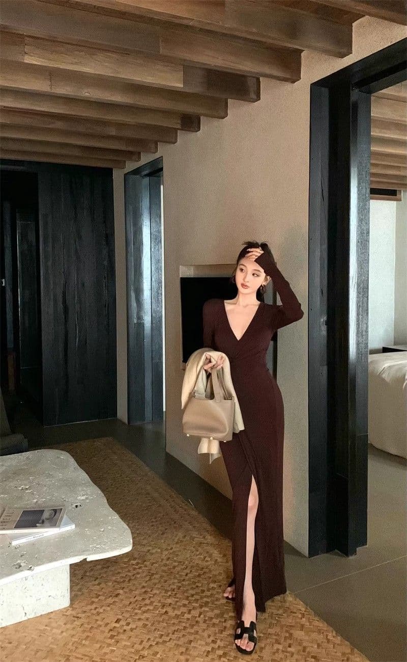 프랑스식 순수한 욕망 V넥 비틀림 긴팔 여성 드레스 몸매 가꾸기 트임 롱 스커트 품격 허리 수축 슬림해 보이는 타이트 스커트 치마 상세 이미지 6