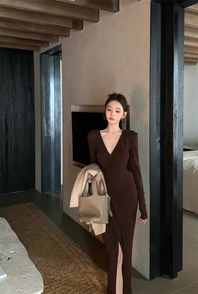프랑스식 순수한 욕망 V넥 비틀림 긴팔 여성 드레스 몸매 가꾸기 트임 롱 스커트 품격 허리 수축 슬림해 보이는 타이트 스커트 치마 상세 이미지 9