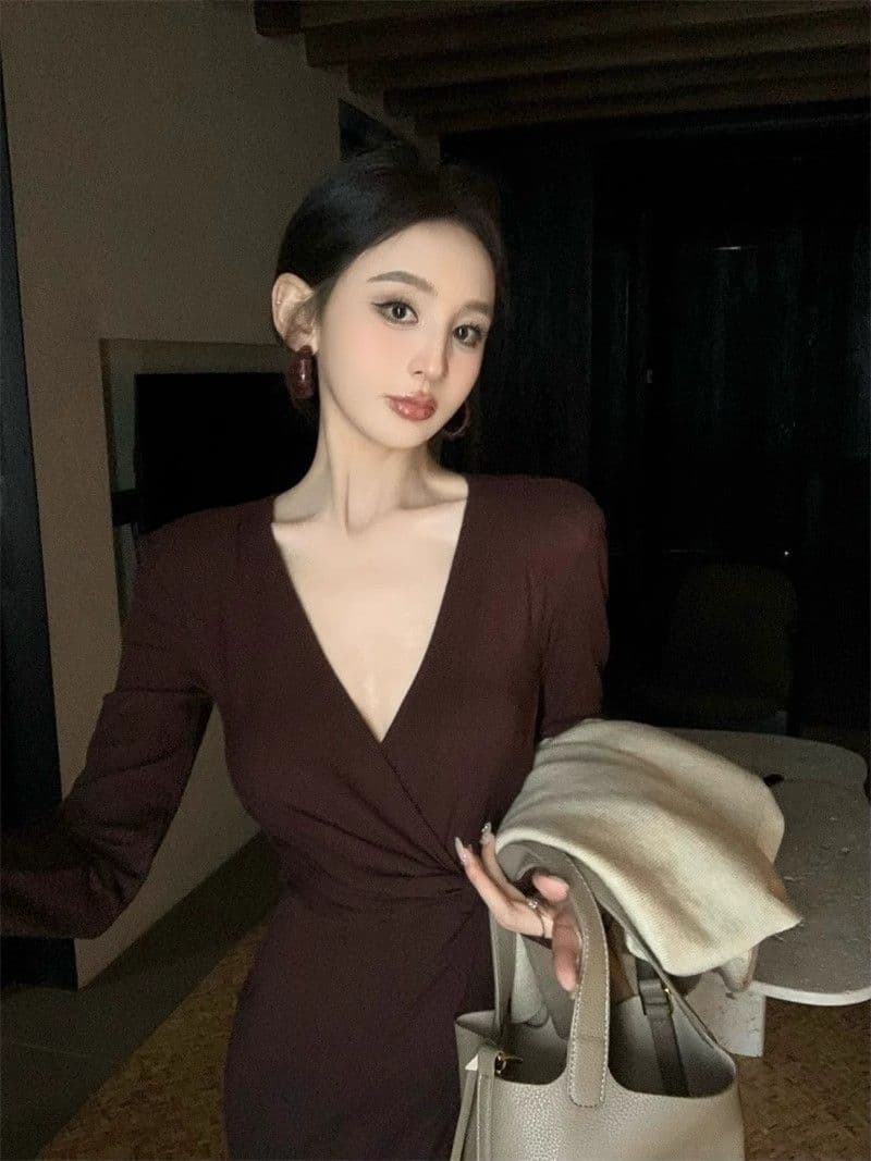 프랑스식 순수한 욕망 V넥 비틀림 긴팔 여성 드레스 몸매 가꾸기 트임 롱 스커트 품격 허리 수축 슬림해 보이는 타이트 스커트 치마 상세 이미지 17