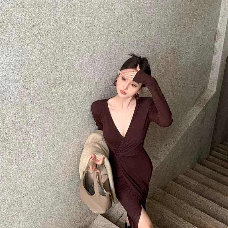 프랑스식 순수한 욕망 V넥 비틀림 긴팔 여성 드레스 몸매 가꾸기 트임 롱 스커트 품격 허리 수축 슬림해 보이는 타이트 스커트 치마 상세 이미지 33