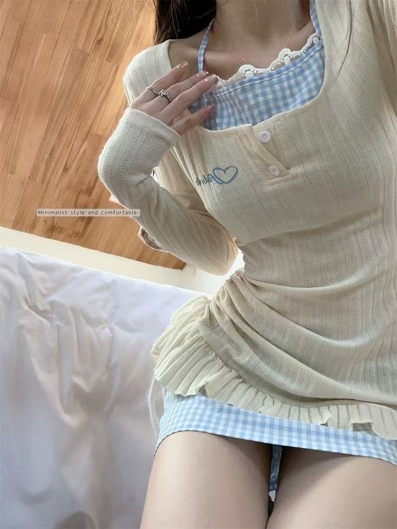 순수한 욕망 달콤한 핫걸 행침 목 페이크 레이어드 드레스 아이들 2026 가을 겨울철 새로운 긴팔 니트 타이트 스커트 미니 스커트 상세 이미지 10