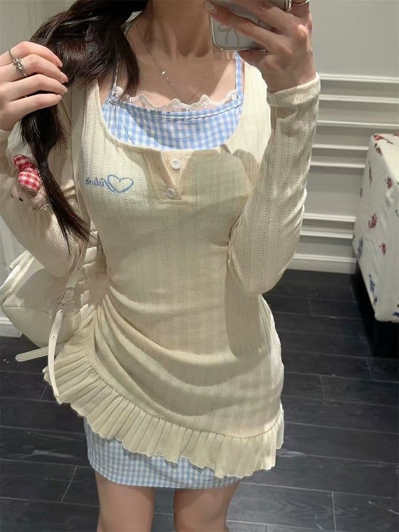 순수한 욕망 달콤한 핫걸 행침 목 페이크 레이어드 드레스 아이들 2026 가을 겨울철 새로운 긴팔 니트 타이트 스커트 미니 스커트 상세 이미지 12