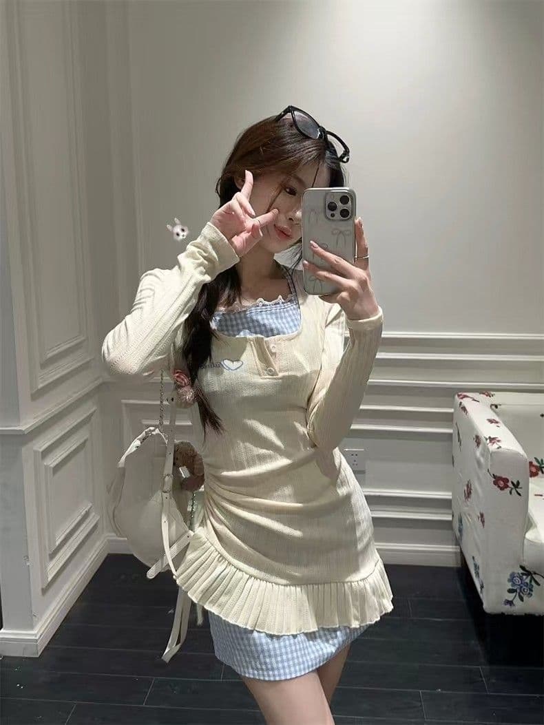 순수한 욕망 달콤한 핫걸 행침 목 페이크 레이어드 드레스 아이들 2026 가을 겨울철 새로운 긴팔 니트 타이트 스커트 미니 스커트 상세 이미지 13