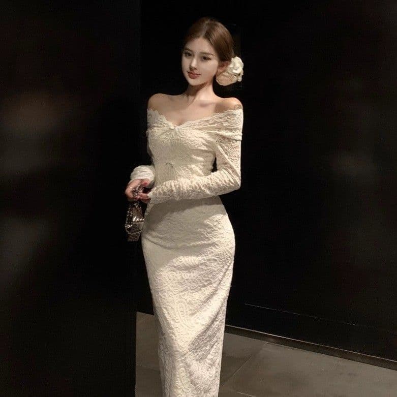 화이트 레이스 조각 오프숄더 긴팔 여성 드레스 가을 순수한 욕망 부드러운 품격 허리 수축 튜브탑 타이트 스커트 롱 스커트