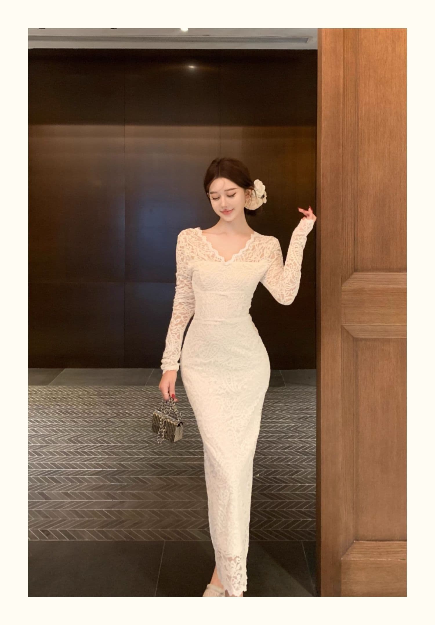 화이트 레이스 조각 오프숄더 긴팔 여성 드레스 가을 순수한 욕망 부드러운 품격 허리 수축 튜브탑 타이트 스커트 롱 스커트 상세 이미지 14