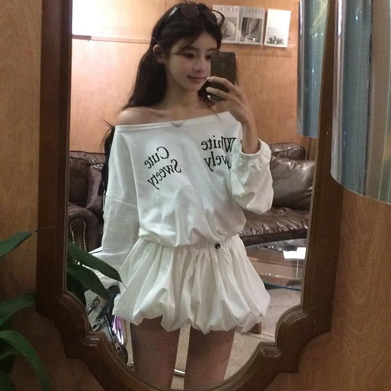 순수한 욕망 느긋한 바람 배색 알파벳 프린트 비스듬한 칼라 오프숄더 여성 드레스 작은 대중 펌프 로프 슬림해 보이는 표지 고기 미니 스커트 상세 이미지 19