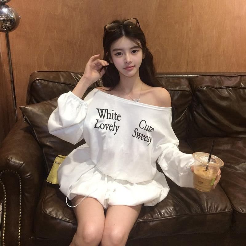 순수한 욕망 느긋한 바람 배색 알파벳 프린트 비스듬한 칼라 오프숄더 여성 드레스 작은 대중 펌프 로프 슬림해 보이는 표지 고기 미니 스커트 상세 이미지 22