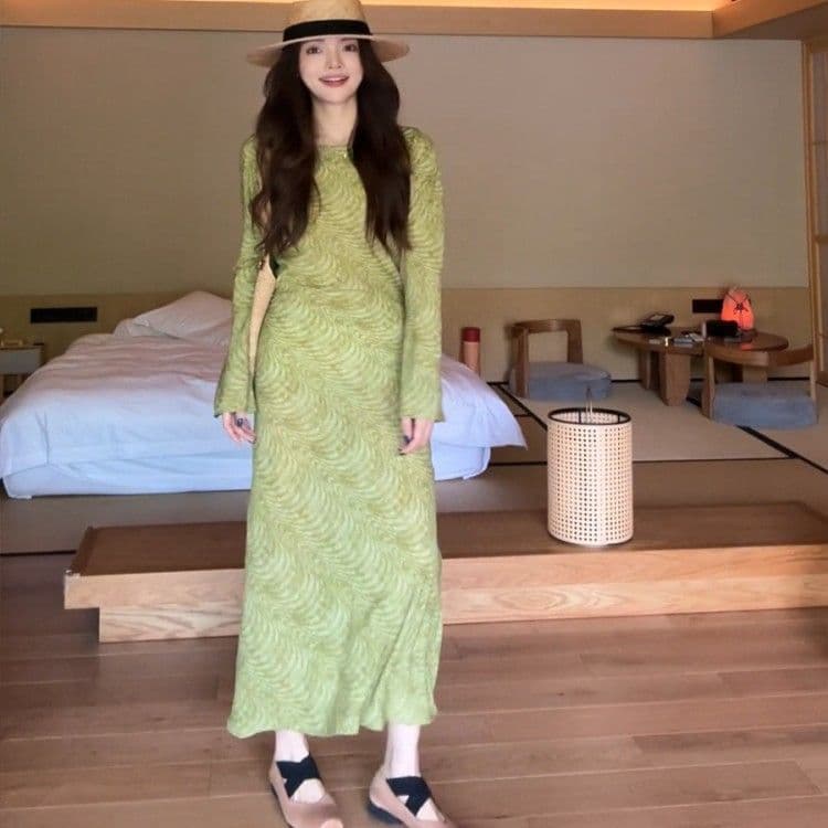 프랑스식 레트로 프린트 긴팔 여성 드레스 2026 가을 새로운 고급 센스 몸매 가꾸기 슬림해 보이는 품격 길다 치마 상세 이미지 8