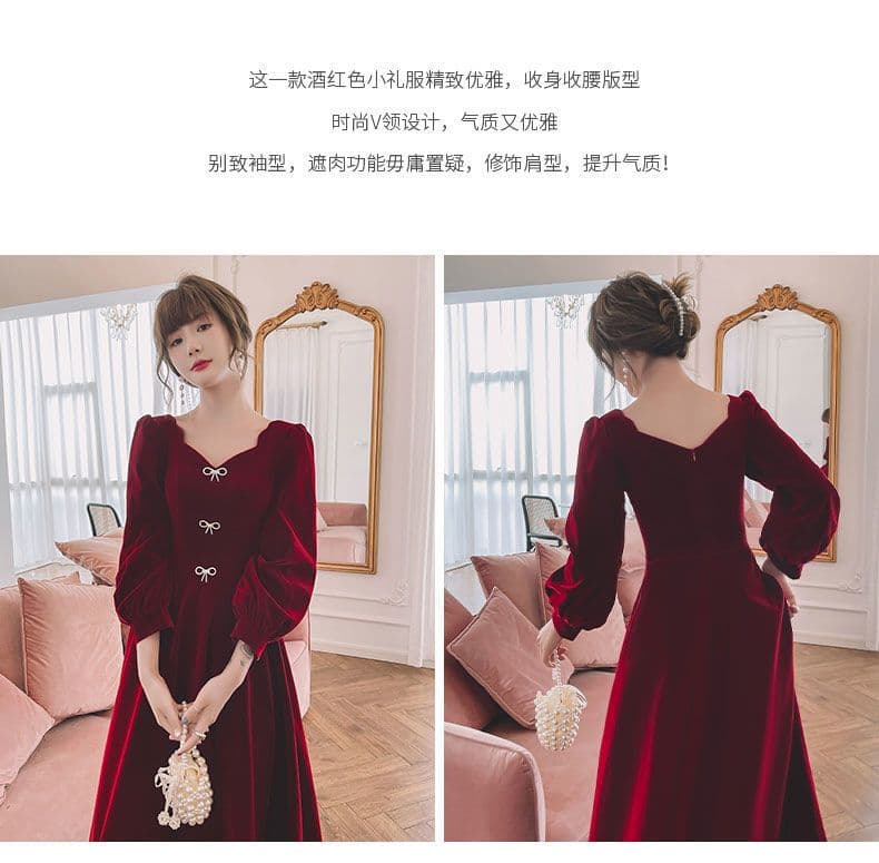 가을 2026 년 새로운 허리 수축 슬림해 보이는 외국 가스 길다 치마 패션 품격 명문 여성 단색 금사 벨벳 드레스 상세 이미지 8