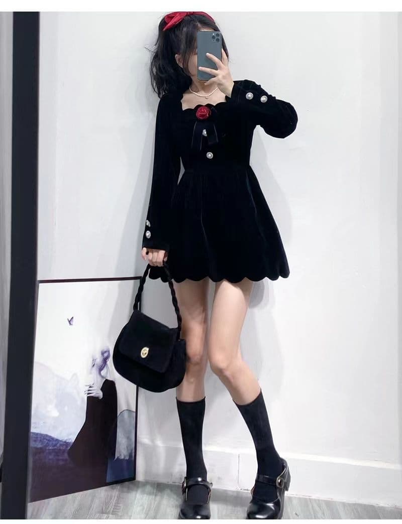 슈퍼 화재 작은 키 겨울 의류 코디 외국 가스 짧은 남자 그는 벤 바람 작은 검은 드레스 하이웨이스트 디스플레이 높음 벨벳 여성 드레스 상세 이미지 9