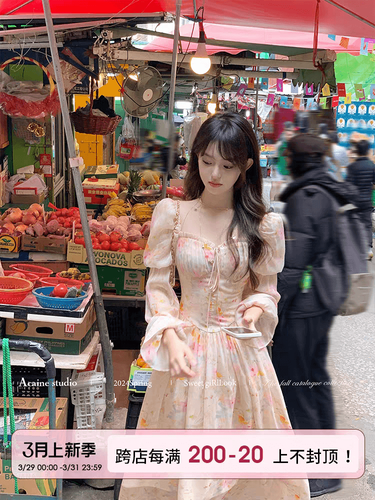 새로운 봄 가을 따뜻한 2026 롱 코트 광장 칼라 거품 소매 꽃무늬 긴팔 쉬폰 여성 드레스 프랑스식 치마 이미지 4