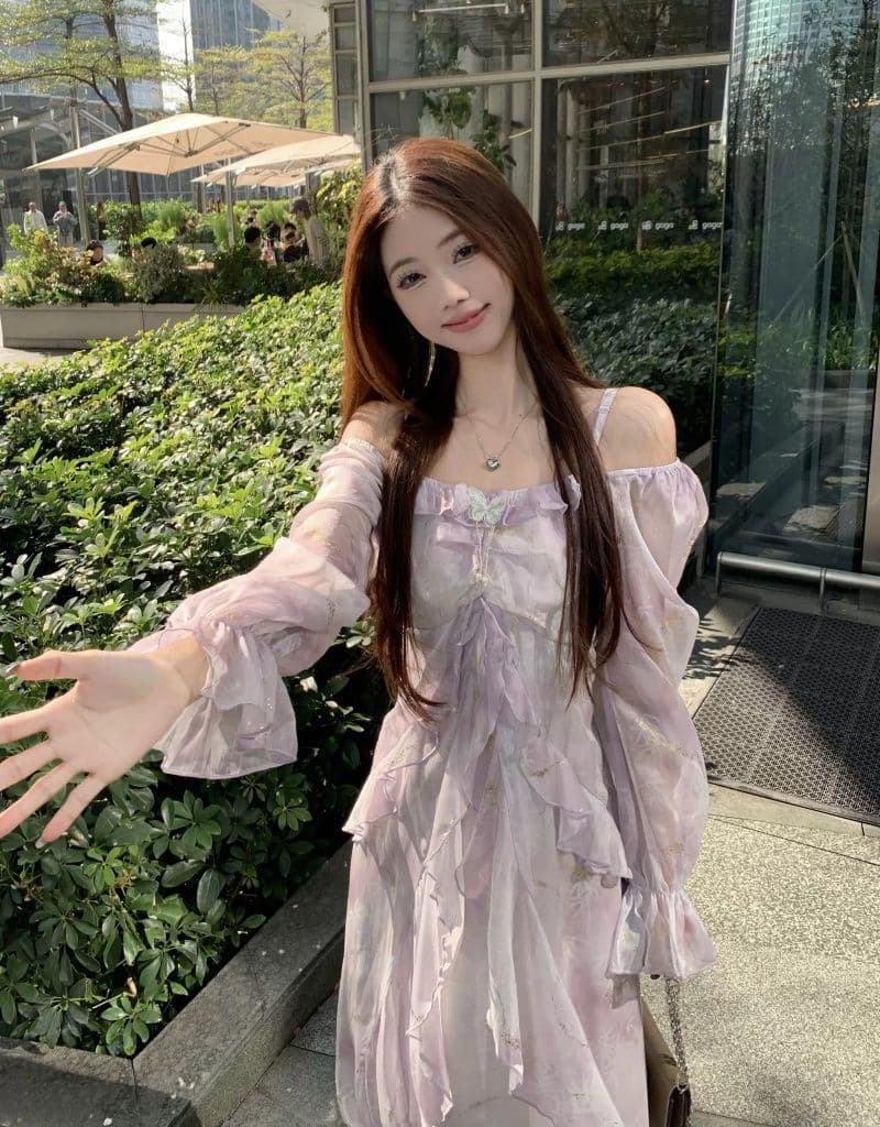 빅 사이즈 프랑스식 보라색 긴팔 슬립 드레스 여성 의류 봄 지방 mm 표지 배 슬림해 보이는 프릴 품격 롱 스커트 상세 이미지 19