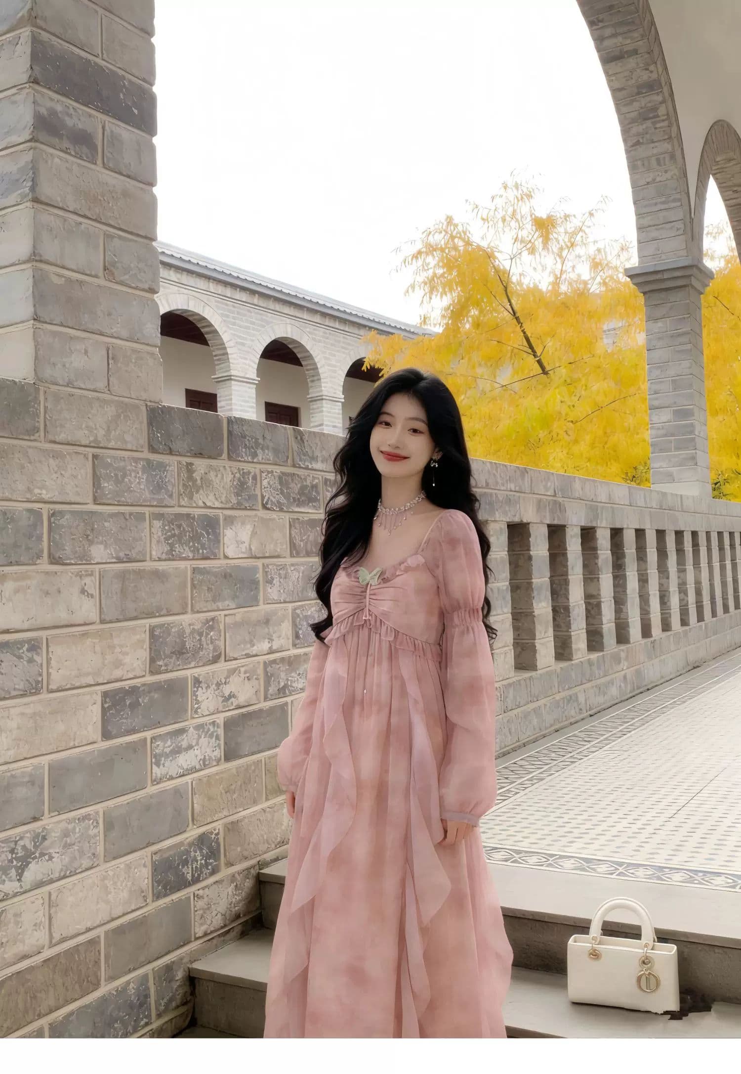 봄 가을 2026 새로운 요정 몽환 분말 흐릿한 헤일로 염색 꽃 나비 다림질 금박 쉬폰 휴가 바람 드레스 상세 이미지 3