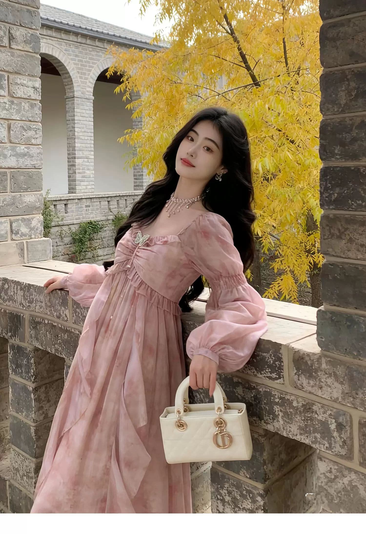 봄 가을 2026 새로운 요정 몽환 분말 흐릿한 헤일로 염색 꽃 나비 다림질 금박 쉬폰 휴가 바람 드레스 상세 이미지 6