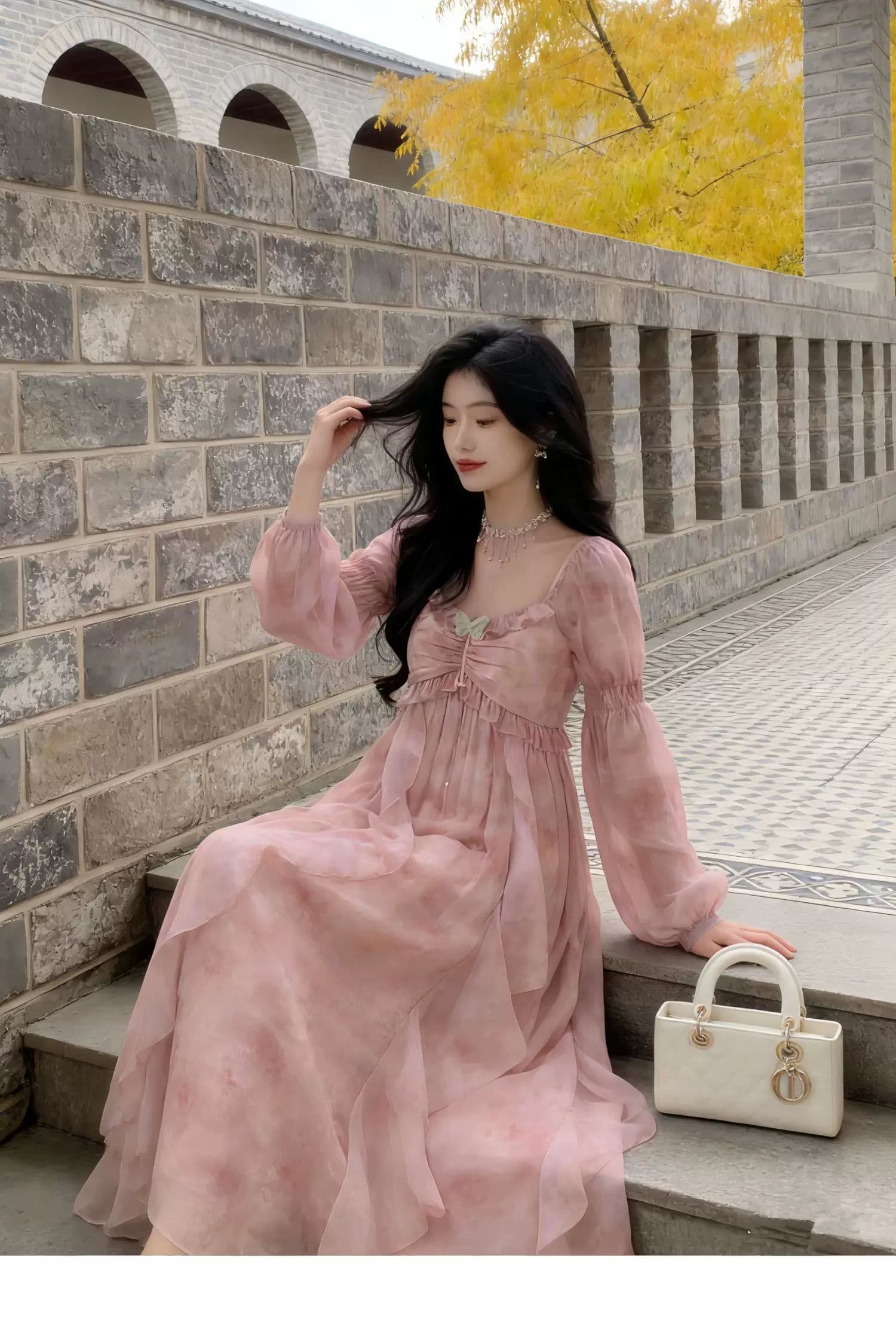 봄 가을 2026 새로운 요정 몽환 분말 흐릿한 헤일로 염색 꽃 나비 다림질 금박 쉬폰 휴가 바람 드레스 상세 이미지 7