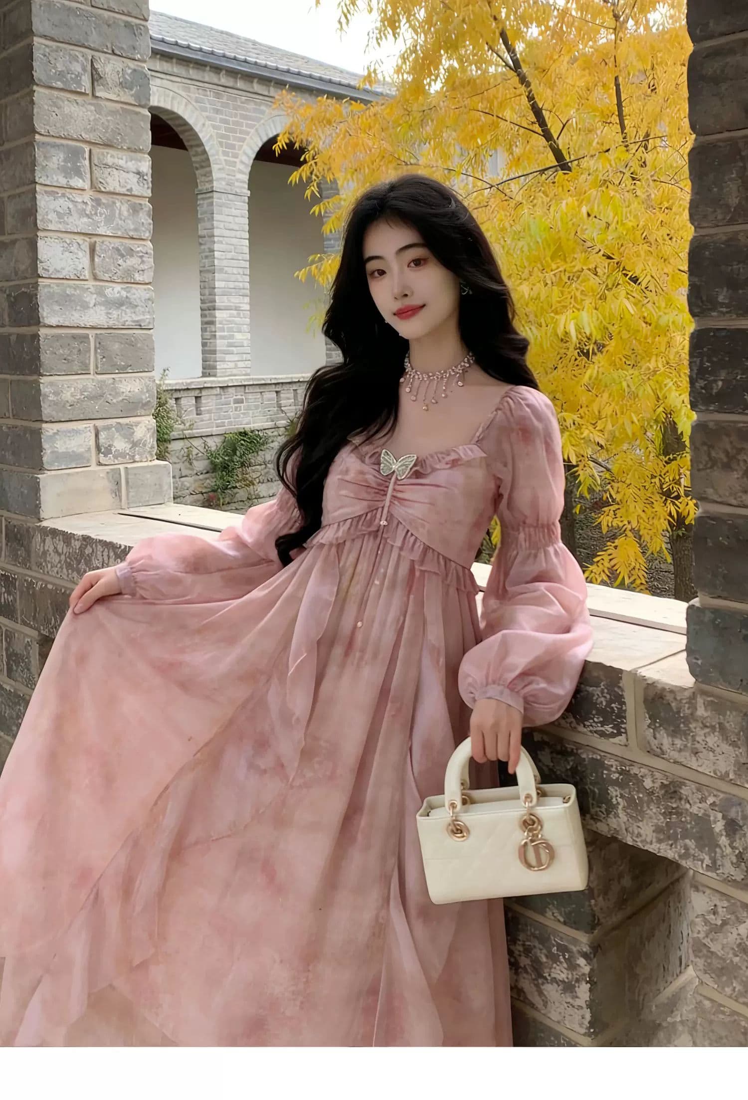 봄 가을 2026 새로운 요정 몽환 분말 흐릿한 헤일로 염색 꽃 나비 다림질 금박 쉬폰 휴가 바람 드레스 상세 이미지 12