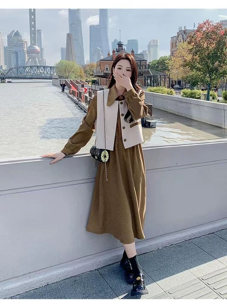 2026 봄 가을 새로운 프랑스식 품격 슬림해 보이는 고급 센스 작은 대중 디자인 베스트 긴팔 드레스 두 조각 여성 세트 상세 이미지 4