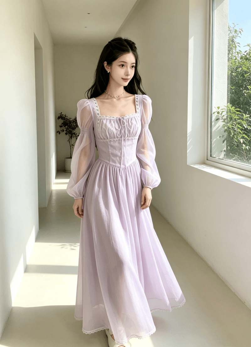 신선함 보라색 롱 코트 광장 칼라 긴팔 여성 드레스 여름 프랑스식 레트로 천 금빛 바람 품격 허리 수축 치마 상세 이미지 9
