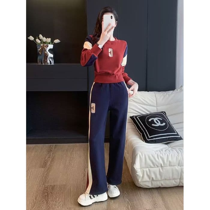 패션 슈퍼 화재 캐주얼 스포츠 슈트 여성 2026 가을 새로운 패치워크 배색 긴팔 후드티 와이드 레그 팬츠 투피스 세트 상세 이미지 22