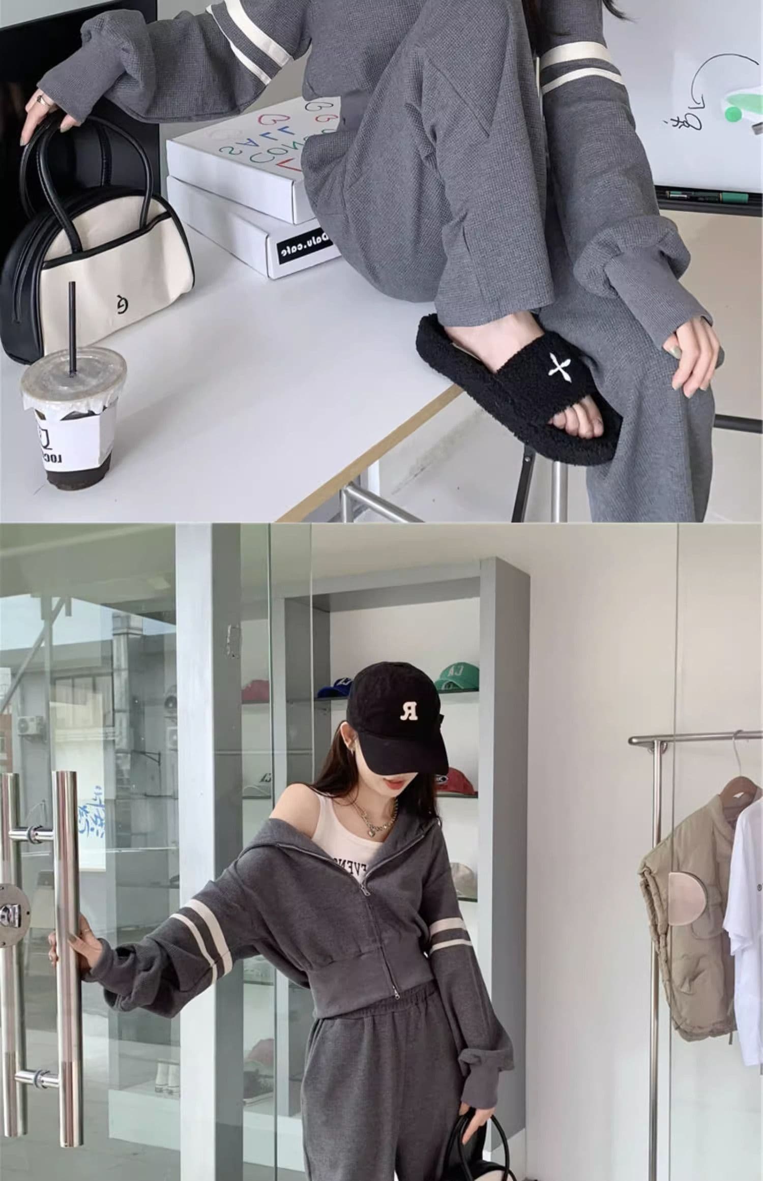 한 부서 새로운 운동 캐주얼 세트 여성 이른 가을 새로운 튀김 거리 후아 남편 그리드 지퍼 후드티 와이드 레그 팬츠 투피스 세트 상세 이미지 10