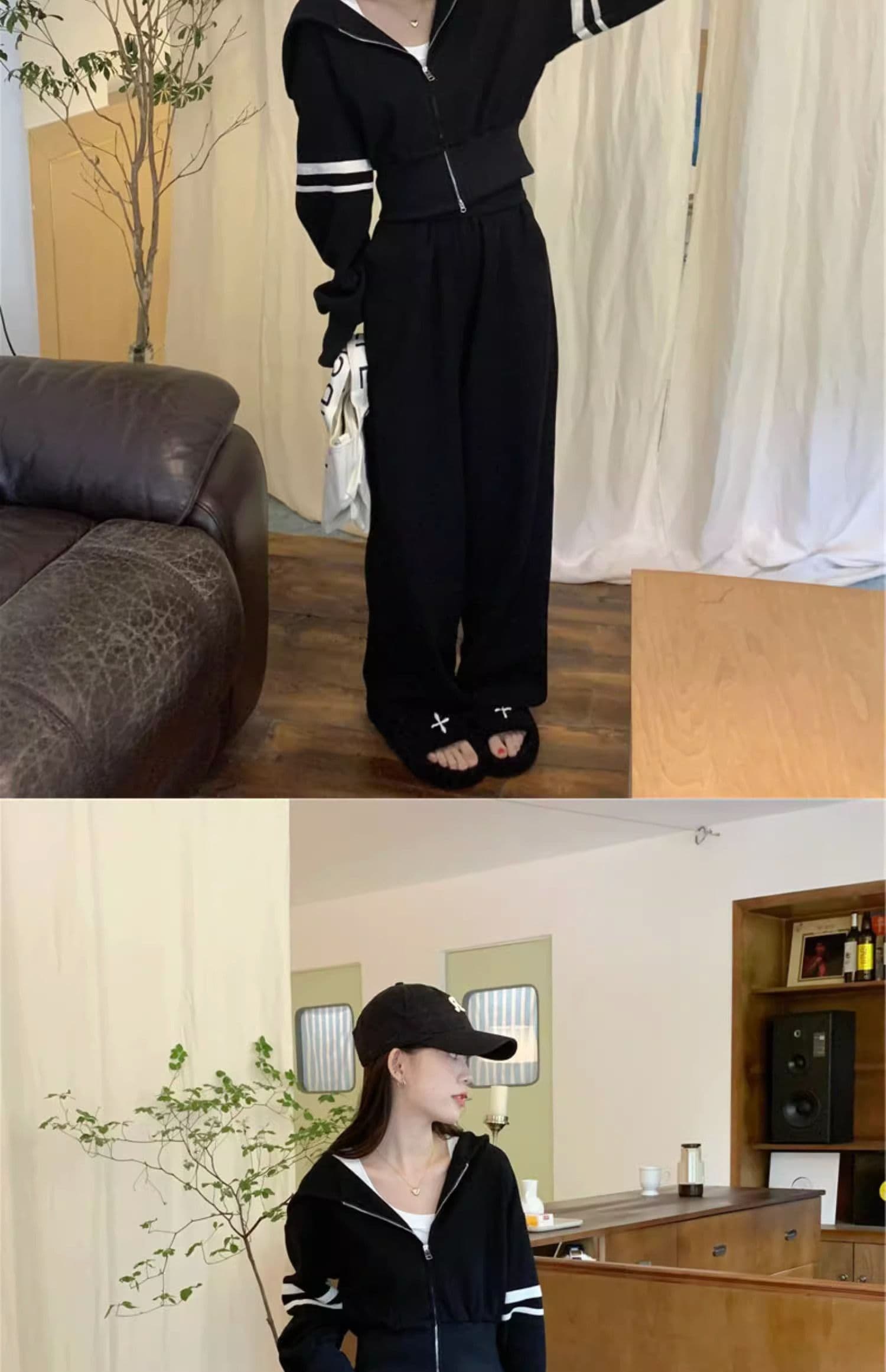 한 부서 새로운 운동 캐주얼 세트 여성 이른 가을 새로운 튀김 거리 후아 남편 그리드 지퍼 후드티 와이드 레그 팬츠 투피스 세트 상세 이미지 19